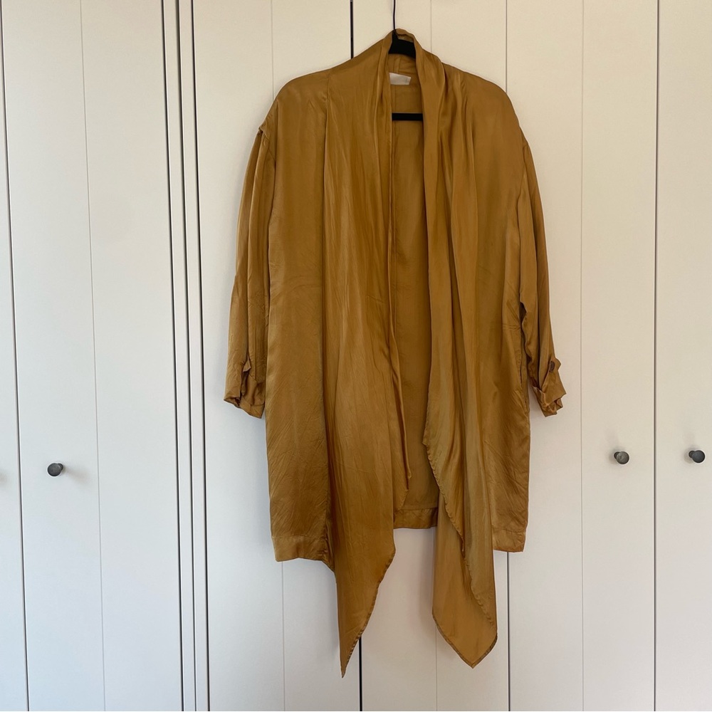 ENRICA Japan mustard yellow gold cupro silk open front trench coat 38